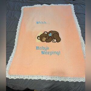 Hand made Baby Blanket says “Shhh… Baby’s Sleeping!” With a sleeping Teddy Bear